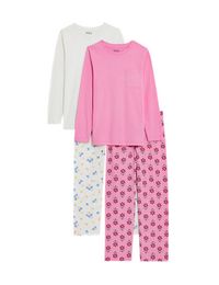 Kids will love snuggling up in these pretty pure cotton pyjamas, which come in a handy pack of two for ease. Regular fit. An elasticated waist on the full-length floral bottoms ensures all night comfort. A practical chest pocket on the long-sleeved top completes the look.