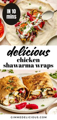 My popular tender and juicy chicken shawarma is marinated in a warm spice blend, topped with garlic tahini sauce, and toasted to golden perfection. Serve these delicious shawarma wraps with creamy shawarma sauce in tortillas or pita bread for a delicious lunch or dinner! Save this easy family recipe at gimmedelicious.com