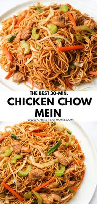 30-min. Chicken Chow Mein. Springy chow mein noodles fried with tender chicken with a variety of delicious vegetables in a savoury sauce. This recipe is so good and easy to make at home in one wok #chinese chow mein recipe #homemade chow mein #chow mein sauce recipe #cantonese chow mein #chicken chow mein with bean sprouts