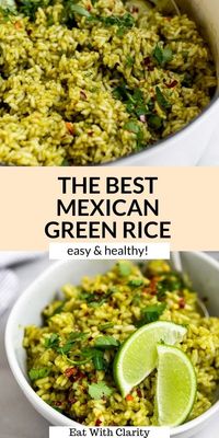 This Mexican green rice recipe is a simple one pot dish that's perfect for tacos, burritos, buddha bowls and more. This vegan green rice recipe is flavorful with fresh herbs and even freezer friendly. #greenrice #rice