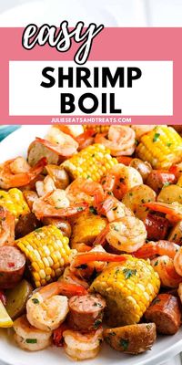 Classic Old Bay Shrimp Boil recipe with a mixture of corn on the cob, shrimp, smoked sausage and baby potatoes. This easy dinner recipe is done within 30 minutes for a quick weeknight meal that's full of flavor.