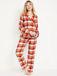 set includes pajama shirt and pajama pants spread collar long sleeves four-button front patch chest pocket pajama pants have drawstring waist and hip pockets seasonal prints match back to the fam #741088 100% cotton