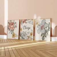 Complete your nursery with this gorgeous floral nursery art! Now offering art prints to match all of our custom crib bedding collections, this set includes all 3 art prints as shown (please choose your size, NO frame or mat included). You can purchase the coordinating bedding and accessories here: https://www.etsy.com/shop/modifiedtot?search_query=1061 Please note: ~We print on Kodak Lustre Endura paper, this paper provides an incredible amount of detail and smooth transition of tones as well as