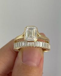 3.80 CT Emerald Cut Bezel Set Split Shank Ring With Full - Etsy