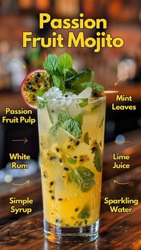 Get swept away by the tropical taste of our Passion Fruit Mojito, a fusion of ripe passion fruit, fresh mint, and sparkling soda with a zesty kick. #PassionFruitMojito