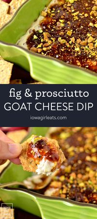 Warm Fig and Prosciutto Goat Cheese Dip is like a cheese board in dippable form and warms in just 10 minutes. Serve this easy cream cheese dip recipe for any occasion! iowagirleats.com keywords: dip recipes, dip recipes easy, dip recipes for parties, appetizer recipes easy, gluten free dip recipes