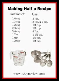 Kitchen Basics 101: Making Half a Recipe   Use the original cooking temperature/time as a reference point but monitor closely for the results you are looking for; If you are baking half a recipe of cake, bread or pie, then the cooking time  about two thirds to three quarters of the original time.    Pan Size: Try to use a pan that has half  the volume of the one called for in the original recipe.