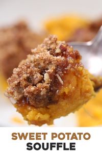 My adaptation of Trisha Yearwood's Sweet Potato Souffle Recipe. Roasted sweet potatoes mixed with sugar, milk and egg mixture, topped off with a pecan-heavy streusel topping and baked in the oven for a warm and sweet treat.  #sweetpotatosouffle #sweetpotato #casserole #thanksgivingrecipe #recipe #thanksgiving #foolproofliving