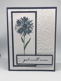 "Get well card Pretty sympathy card done in colors I love together... navy and white.  To start with I used navy for the card base and then I used the Big Shot to emboss the beautiful design on the first layer in white.  From there I used the two colors again to make the layer with the single flower as well as the 'get well soon' greeting which I popped up with dimensionals and added 3 pearls on the end.  This get well card could be used for anyone, male or female.  *Card size:  5.5 x 4.25\" *Ca