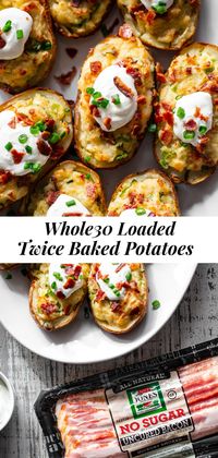 It’s all the delicious comfort of classic twice baked potatoes, made Whole30 friendly! Potato skins are loaded with a creamy mixture of mashed potatoes, bacon, scallions and even a dairy free sour cream. Great as a side dish or full meal, perfect to prep ahead of time too and easy to reheat! #paleo #whole30 #cleaneating