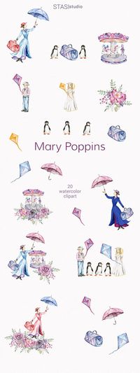 Mary Poppins Watercolor Clipart Carousel Clipart Fairytale | Etsy