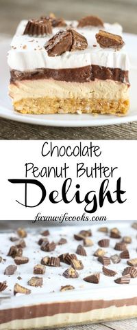 This No Bake Chocolate Peanut Butter Delight is the perfect layered dessert recipe for the chocolate peanut butter lovers in your life! #PeanutButter #Desserts #Chocolate