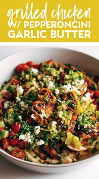 This is such a fun one! Grilled marinated chicken, a quick tomato cucumber salad, tangy bits of feta, and a zippy pepperoncini garlic butter sauce poured over the whole thing. #grilledchicken #summerrecipe #easyrecipe