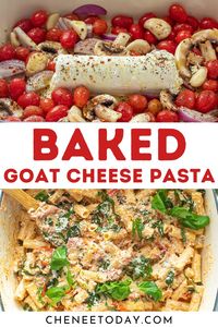 The viral baked goat cheese pasta recipe with cherry tomatoes and spinach! This is a twist on the tiktok baked pasta recipes, and it's even better! Full of amazing flavors and creamy goat cheese, and it's ready in no time! One of the best oven baked pasta dishes - easy and vegetarian! #bakedpasta #goatcheesepasta #pastabake #bakedpastarecipes