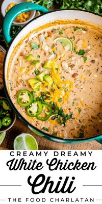 Creamy White Chicken Chili Recipe (Easy!) from The Food Charlatan. This Creamy White Chicken Chili recipe is the best one I've ever tried, and it's super easy to throw together! Tender shredded chicken combined with white beans in a thick and creamy sauce. There's an unexpected secret ingredient that brings the flavor of this chili over the top! Don't forget the garnishes. This white chili recipe is kid friendly, healthy, and it's a 30 minute dinner! Just what I want on a busy weeknight.