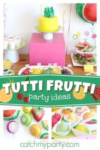 Check out this bright and colorful two-tti frutti birthday party!! The fruit balloon back drop is so cool!! See more party ideas and share yours at CatchMyParty.com #catchmyparty #partyideas #tuttifruttibirthdayparty #gilbirthdayparty #fruit