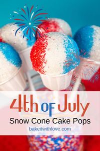 Bright, fun, and festive snow cone cake pops are easy to mix up, roll, and decorate for all of your favorite summertime parties. Go with the red white and blue Fourth of July theme, or pick your birthday kid's favorite colors. Whatever you pick, these snocone-style treats are going to get rave reviews. Get the recipe at BakeItWithLove.com and follow Angela for more fun ideas! #snowcone #snocone #cakepops #desserts #partytreats #sweets #summertime