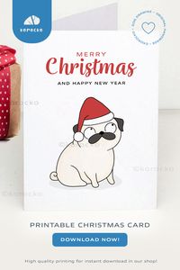 A festive dog wearing a Santa Claus hat in a Christmas card 🎄✨ Delight a dog lover on their special day with this adorable Pug dog-themed Christmas card 🐕🤍 Available for INSTANT DOWNLOAD! you can quickly and easily get this HIGH-resolution 7x5" PRINTABLE card. 🤍 Personalize the inside with your own heartfelt message. 🤍 Discover a range of dog-inspired designs and more in my online store. 🤍 https://korocko.etsy.com