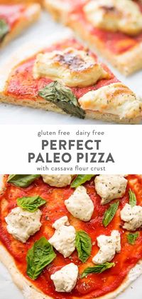 This paleo pizza and dough recipe tastes just like the real thing! Made with almond flour, cassava flour, and yeast, the crust has an airy, chewy texture, and it's surprisingly easy to make.  This paleo pizza recipe is topped with a dairy-free fresh mozzarella that melts and stretches! #paleo #dairyfree