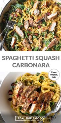 This Paleo, Whole30 + Low Carb spaghetti squash carbonara is dairy-free, creamy and has bacon in it! It checks all the boxes and is great for meal prep! | realsimplegood.com #paleo #whole30 #lowcarb #spaghettisquash #bacon #chicken via @realsimplegood