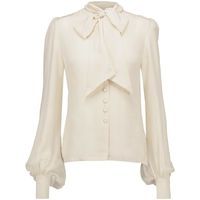 Pussy-bow silk crepe de chine blouse TALITHA ($275) ❤ liked on Polyvore featuring tops, blouses, crepe de chine blouse, pure silk blouse, bow neck top, white top and pussy bow blouses