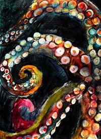 Tentacles in the Dark - A mixed media painting celebrating the changing colors of octopus! Getting up-close and personal with the tentacles. Charcoal, watercolor and oil pastel. By Crystal Smith - prints available. www.heycrystalsmith.com