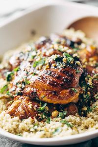 Spicy Thai Chicken and Quinoa, made with chili sauce, agave, lime juice, garlic, cilantro, and peanuts! Sticky, saucy, and delicious. | pinchofyum.com