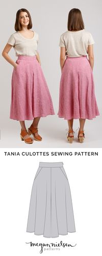 Modern take on culottes combining the practicality of shorts with the appearance of a skirt. Pattern features a fitted waistband, deep pockets, wonderful drape, invisible side seam zipper and hidden centre front and back pleats to create the illusion of a skirt. View A is short with a full skirt. View B is a knee length with full skirt. View C is midi length with less fullness. View D is knee length with less fullness. Skill: 2/5