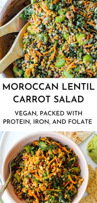 This healthy vegan Moroccan lentil carrot salad features an array of flavours and textures, with olives, raisins, pumpkin seeds, and a richly spiced Moroccan vinaigrette.