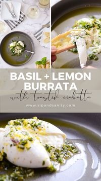 Basil Lemon Burrata with Ciabatta Toasts comes together in about ten minutes for an easy, gorgeous and gooey starter your guests will adore! Creamy burrata blends with grassy olive oil, lemon zest, and sweet basil for a satisfying spread on toasted ciabatta. Pair it with a young, crisp Pinot Grigio or white sangria for a festive start to your special occasion.