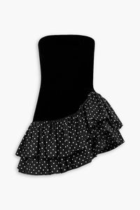 Find ALEXANDRE VAUTHIER Stapless Cottonvelvet And Polkadot Taffeta Mini Dress on Editorialist. Strapless dress polka-dot taffeta velvet tiered asymmetric hem concealed hook and zip fastening at back internal boning mid-weight, non-stretchy fabric dry clean imported Alexandre Vauthier's dress is just waiting for a night of dancing. Made from cotton-velvet, this strapless style is trimmed with fluttery, asymmetric ruffles along the taffeta mini hem. Accentuate the white polka-dots with tonal heels or a clutch.