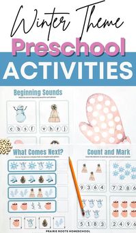 Winter preschool activities in a printable pack. These winter activities for preschoolers cover numbers, counting, patterns, prewriting, beginning sounds, art, and more. #winteractivities #preschoolactivities #printables