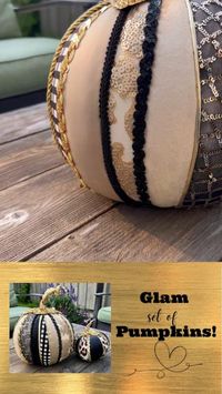 Glam pumpkins in gold, black, and leopard! Use in wreaths as the focal point or have them stand alone in your entryway or tabletop for your fall themed decor. I made these with the finest fabrics that sparkle and really catch your eye!