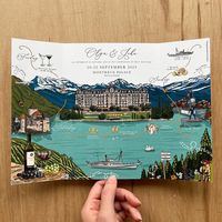 Immersive Illustrated wedding invite 💌 This gatefold served as a keepsake for guests to remember the special occasion. A full scene illustrated of the beautiful Swiss area with @fairmontlemontreuxpalace taking centre court. Personalised to share the local landmarks and details of the wedding. ✍🏼 ✨ What would be included in your story? #weddingcard #bespokeweddingstationery #illustratedweddinginvite #venueillustration #itsallinthedetails #onmydesk #freelanceillustrator #swisswedding #switz...