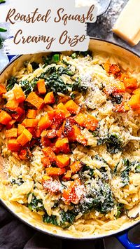 This creamy orzo pasta with roasted butternut squash, kale, fresh sage and Parmesan cheese ticks all the boxes!