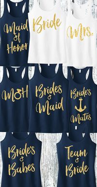 "Bridesmaid" Gold Glitter Script Tank Top Gold Glitter for bling! Available in Sizes XS, S, M, L, XL, 2XL, 3XL, 4XL COLORS AVAILABLE: - Black with Gold Print - Blush with Gold Print - Navy Blue with G