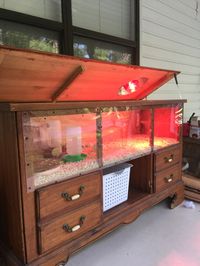 Chicken Brooder made out of an old dresser I had stored in the barn, complete with ventilation, Brooder light, Hinged top with handle, and plexiglass front for easy viewing of your chicks