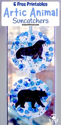 This Arctic Animal Suncatcher Craft is a gorgeous Winter craft for kids. Hang them in  a window or from the ceiling and they look super pretty when the light shines through them. (6 free printable polar animal silhouettes to choose from.) #kidscraftroom #arctic #arcticanimals #wintercrafts #suncatcher #suncatchers #kidscrafts #polarcrafts #arcticcrafts #winterart