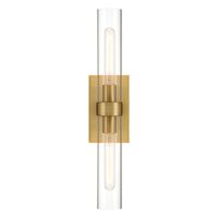 The Sutton 2-Light Wall Sconce embodies a sophisticated and classic design. This stately 21" wall light pairs two elegant cylindrical, clear glass shades with an equally stylish frame. The brilliant satin brass finish enhances the contemporary aesthetic of the rectangular backplate and round centerpiece. This versatile fixture can be mounted horizontally as a vanity light above a mirror, or vertically as a large sconce. Chic and practical in a primary bath, the Sutton also looks sophisticated in