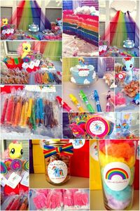 Rainbow Dash (My Little Pony) Party Favors. Chocolate dipped pretzel sticks in multicolors, fruity pebbles version of rice krispie treats, cotton candy, twizzlers and marshmallows for rainbows, bubbles and more!