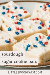 Sourdough sugar cookie bars with vanilla frosting are a breeze to make and consistently steal the show at any party! Customize the sprinkles for the perfect dessert to celebrate the holidays or any special occasion.