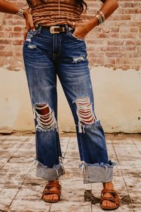 High Rise Heavy Distressed Medium Washed Cuffed Straight Leg Dad Jean Fitted wide leg 95% Cotton 5% Polyester