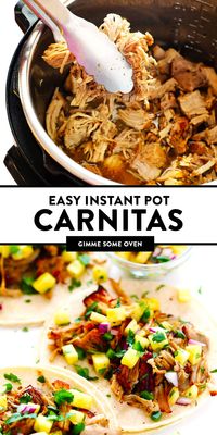 This Instant Pot Carnitas recipe is extra quick and easy to make in the pressure cooker. It's also simmered with a garlic citrus mojo sauce for extra flavor, then broiled briefly in the oven to make the pork extra crispy. Perfect for tacos, burritos, quesadillas, salads and more! | gimmesomeoven.com #carnitas #tacos #mexican #pork #dinner #instantpot #pressurecooker #mealprep