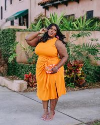 This dress is only $24 and perfect for Spring! Comes in orange, aqua and black. I’m wearing an XXL with shapewear.    Plus Size Fashion, Plus Size Outfits, Plus Size Spring Dresses, Orange Dress, Wedding Guest Dress, Tie Dress, Pink Heels, Summer Dress, Spring Outfits, Vacation Outfit, Date Night Outfit, Going Out Outfit