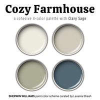 Sherwin Williams Farmhouse paint color palette with Clary Sage. Whole house interior and exterior color scheme.  Introducing "Cozy Farmhouse," a meticulously curated palette with four inviting hues, including a versatile white, warm neutral, a stunning blue, and a popular sage green. Professionally designed for those seeking a farmhouse-style living experience with cozy and relaxing colors, these serene tones effortlessly complement beach houses, coastal farmhouses, or resort-style living. Within the "Cozy Farmhouse" palette, discover a warm white, perfect for trims or whole-house applications, and one medium-light neutral ideal for creating a warm and cohesive ambiance. The collection also includes a delightful mid-tone sage green.  In addition to its versatility, "Cozy Farmhouse" present