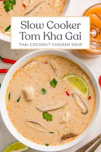 This slow cooker version of my best-ever tom kha soup recipe (or Thai coconut chicken soup) is absolutely perfect… and made to be easier than ever! Light, yet filling and full of tangy flavor, it's the best tom kha gai recipe I've ever made or tried and is so creamy, easy, and delicious.