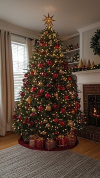 🎄✨ Dive into the magic of Christmas with this stunning tree adorned in rich red and gold baubles! The twinkling lights and elegant star topper perfectly capture the warm holiday spirit. Cozy gifts and a glowing fireplace complete this festive scene, creating the perfect holiday ambiance. 🎁🔥 #christmas #holiday #decor #festive #cozy #christmastree #warmth #decorations #holidayseason