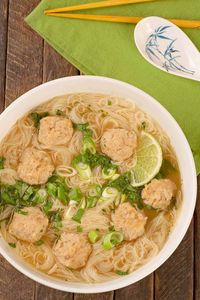 Tender chicken meatballs, thin rice noodles and broth flavored with classic Vietnamese soup ingredients like star anise, ginger and lime combine to make this light yet satisfying main dish soup.