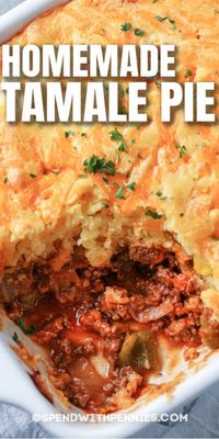 Tamale Pie is a delicious, Tex-Mex casserole full of seasoned beef, cornbread, corn, and cheese. The whole family will love this cheesy dish! #spendwithpennies #tamalepie #recipe #maindish #casserole #easy 