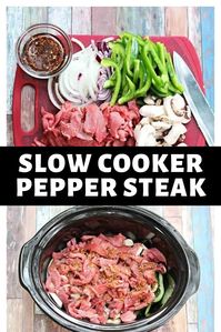 Slow cooker pepper steak is a quick and easy recipe for busy weeknights. Use the sesame oil and chili sauces to copycat your favorite Chinese food entree.   #slowcooker #peppersteak #chinesefood #glutenfree #gf